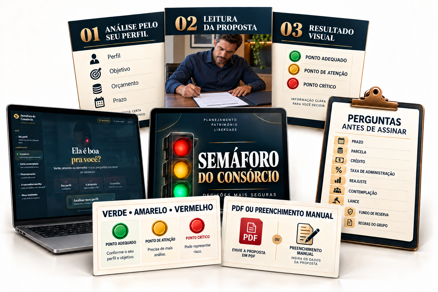 Visão completa do produto Semáforo do Consórcio, com análise de perfil, leitura da proposta, resultado visual e perguntas antes de assinar